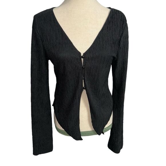 Solid Black Button Down Wide Sleeve Blouse Deep V Neck size L 8/10 stretchy - Picture 12 of 12